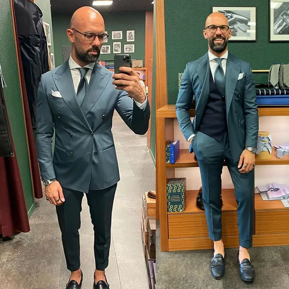 Moda podwójne piersi męskie smokingi ślubne Slim Fit odzież dla pana młodego biznesu na imprezę bal Best Men Blazer garnitur (kurtka + spodnie)