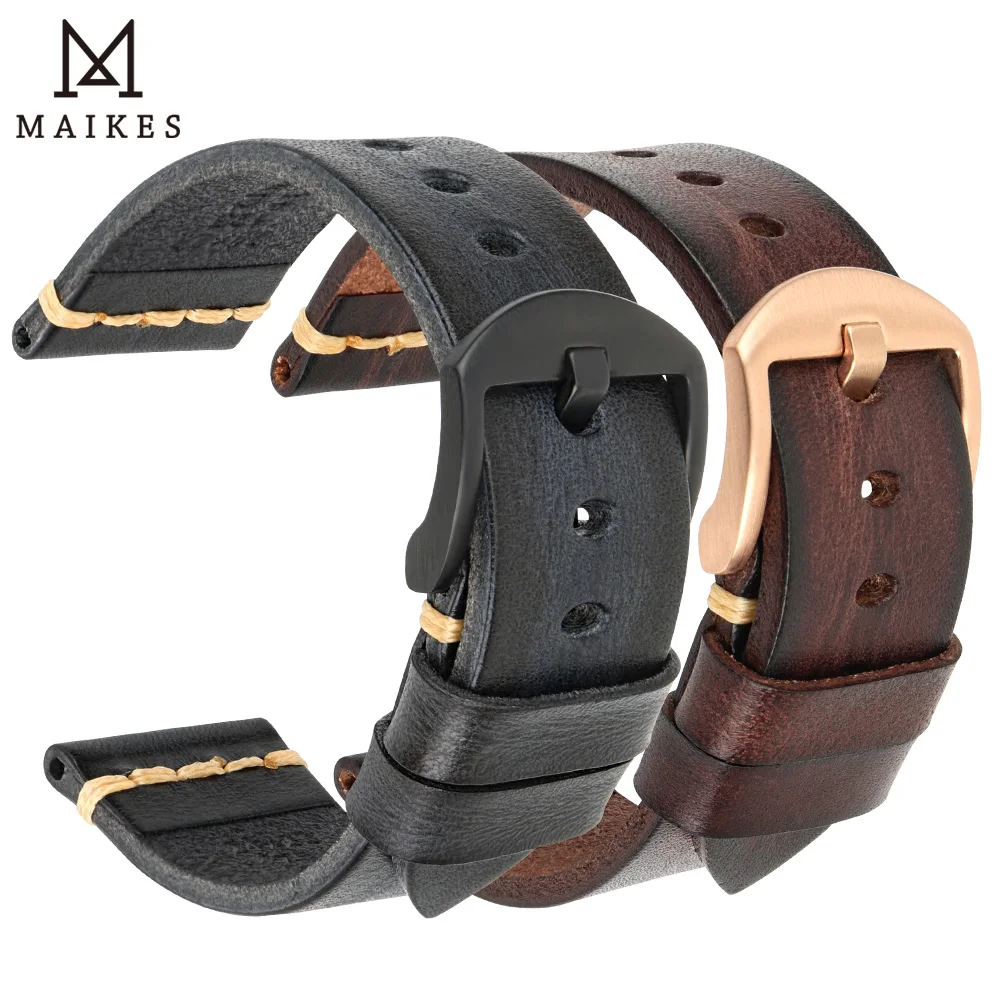 MAIKES Handmade Cow Leather Watch Strap 7 Colors Available Vintage Watch Band 20mm 22mm 24mm For Panerai Citizen Casio SEIKO