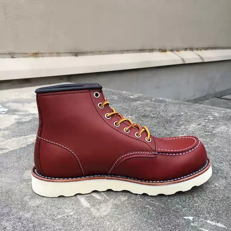 2020 New Designer Handmade Vintage Men Shoes High Quality Cow Leather Ankle Boot Goodyear Welted Wings Motorcycle Boots Wine Red