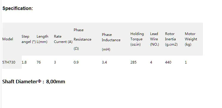 57H730 Nema 23 Stepper Motor Bipolar 2,0Nm 285oz-in 8 มม.