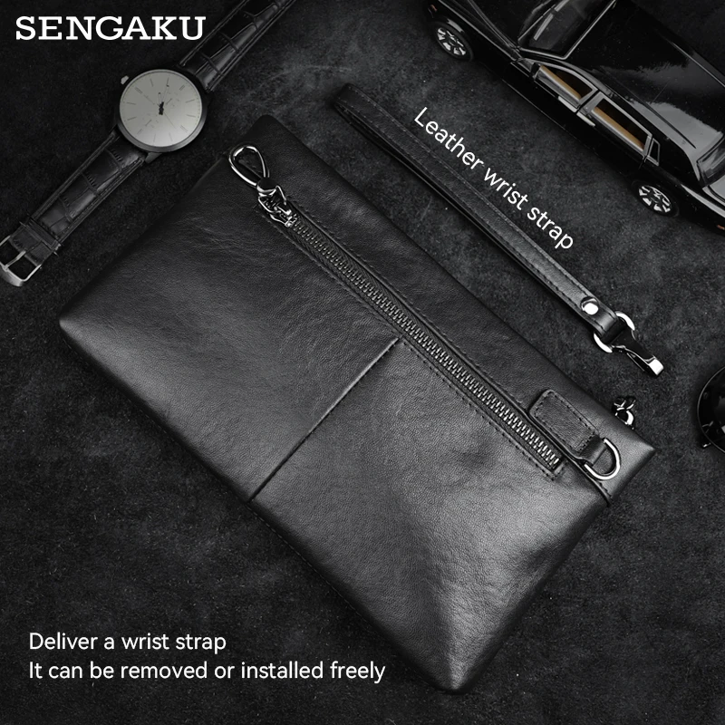 Handmade Men\'s Fashion Business Men\'s Clutch Bag Handbag Genuine Leather Clutch Black Large Capacity Envelope Bags