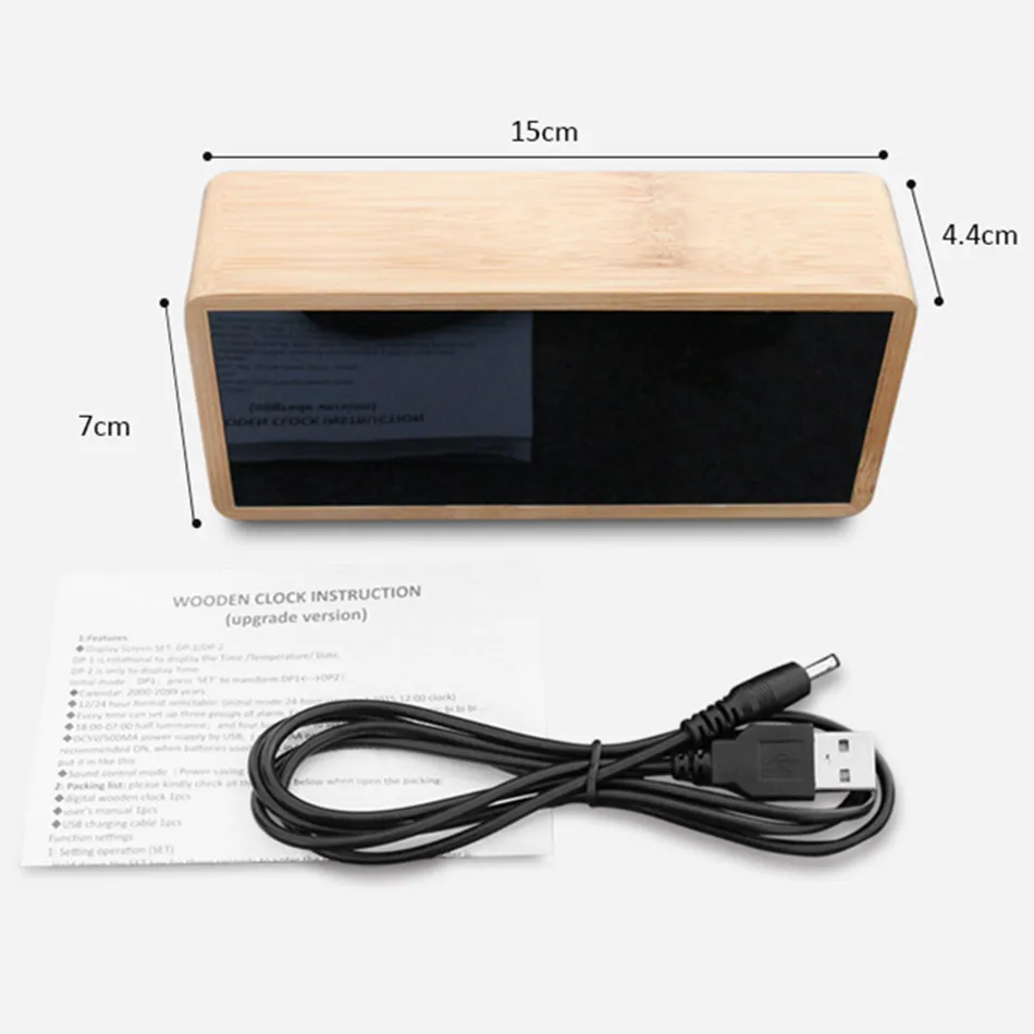 Bamboo Wooden Mirror Alarm Clocks Temperature Sounds Control Desktop Clock With Digital Watch Electronic LED Clocks Despertador