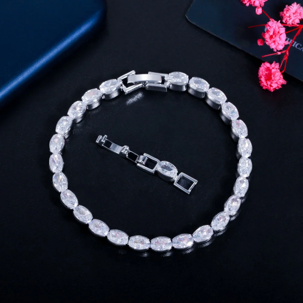 CWWZircons Shining White Gold Color Oval Cubic Zirconia Tennis Bracelet Bangle for Women Wedding Bridal Party Accessories CB263