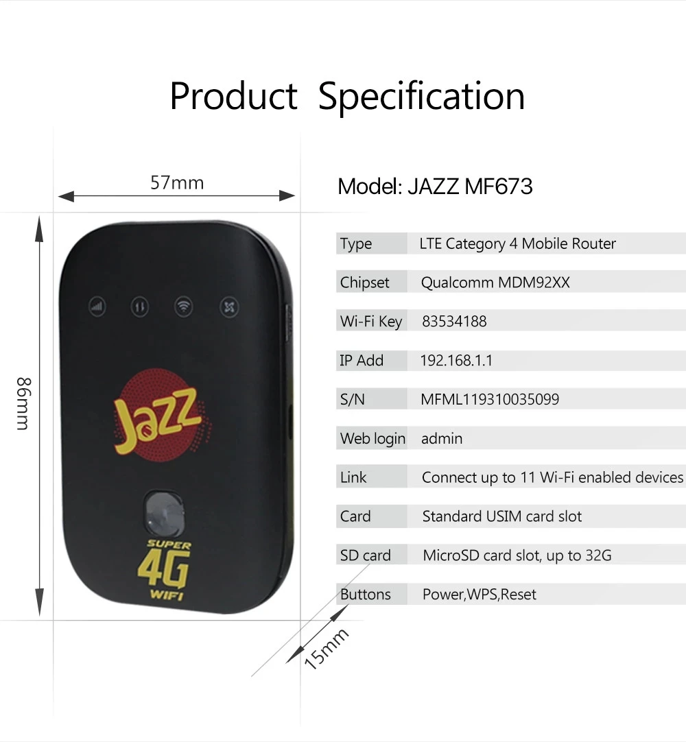 

New Unlocked 4G Jazz MF673 Hotspot 4g LTE Pocket Wifi Wireless Router PK ZTE Wipod WD670 850/1800mhz