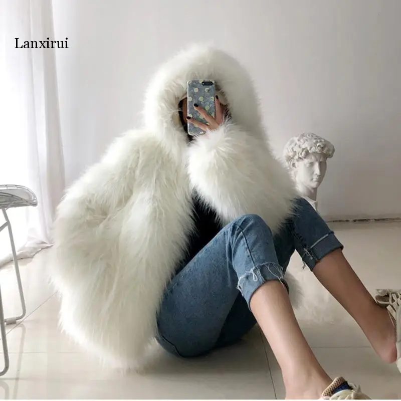 Winter fur jacket female fashion weave fox fur parker jackets women toose warm hooded imitation fur overcoat woman tops