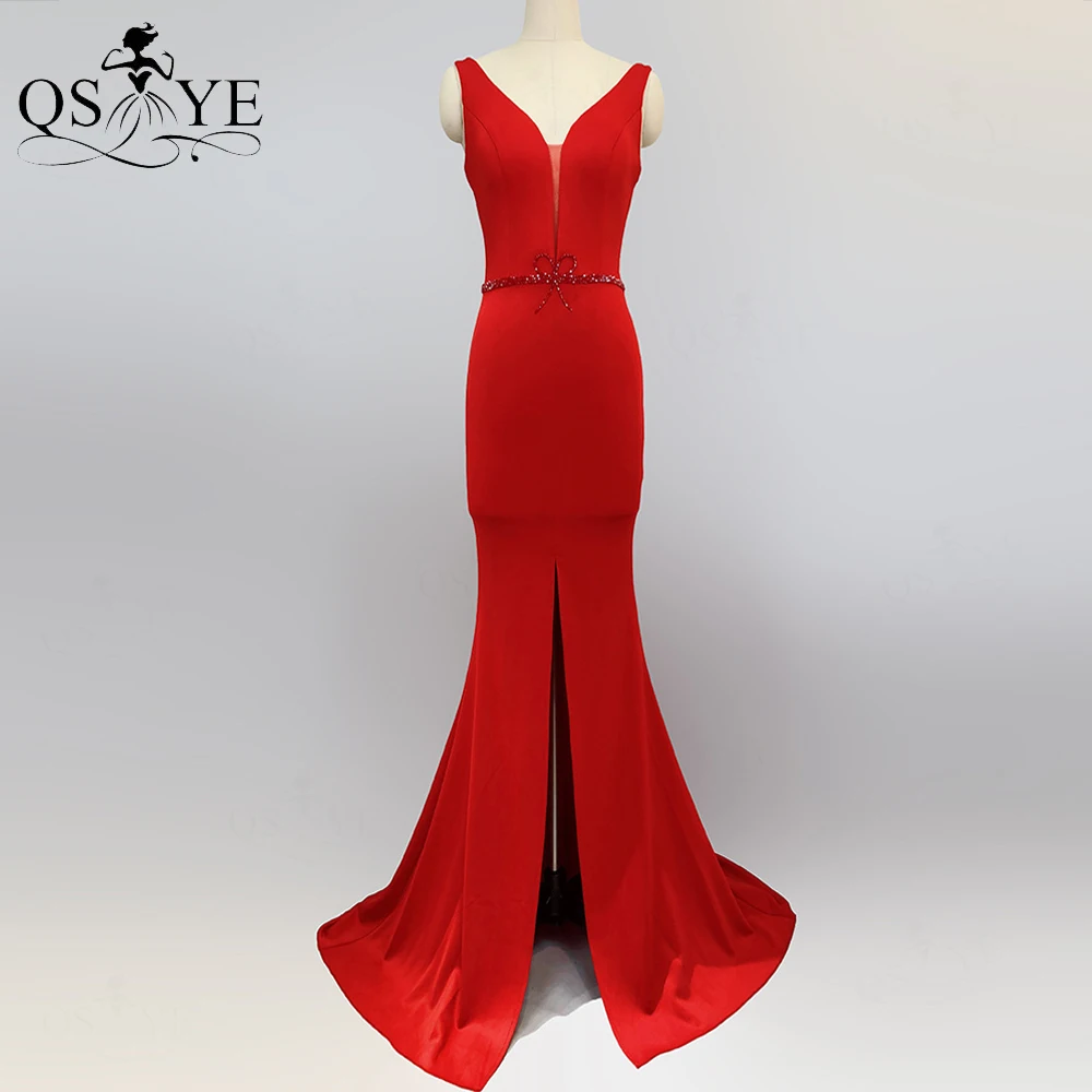 Vestido de noche rojo con cinturón y lazo para mujer, traje largo Formal elástico con cuello en V para fiesta, corte dividido en la parte delantera, 2021