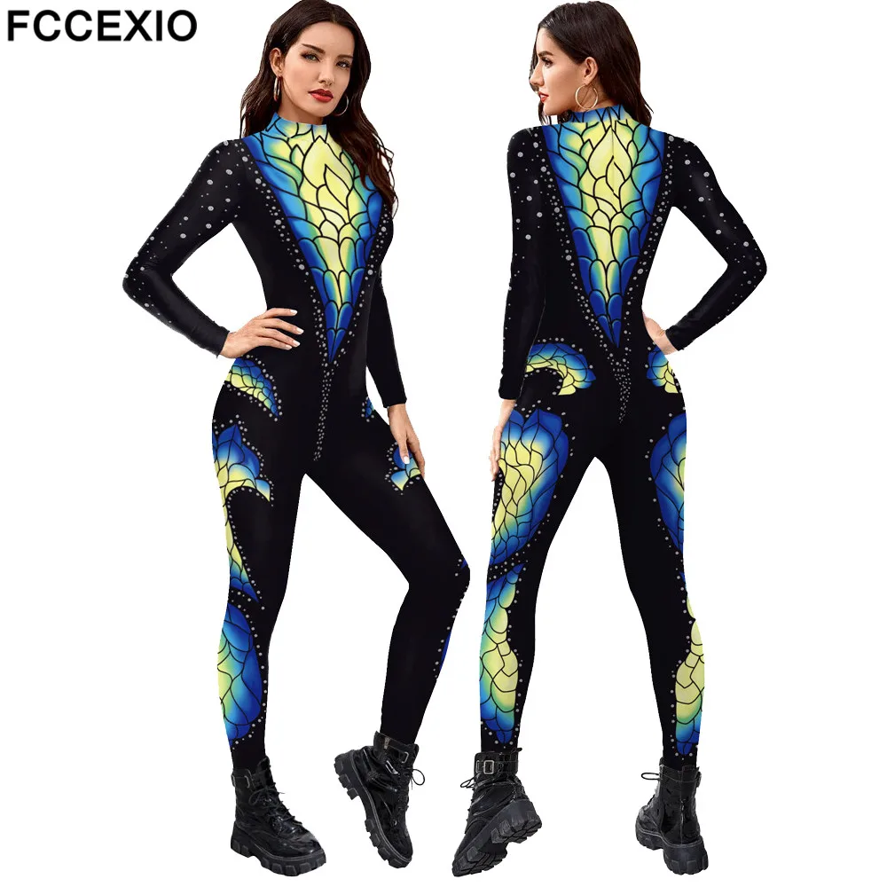 

FCCEXIO Crocodile Skin 3D Printed Holiday Party Women Jumpsuits New Fashion Sexy Jumpsuit Wear Cosplay Costume Catsuit Bodysuit