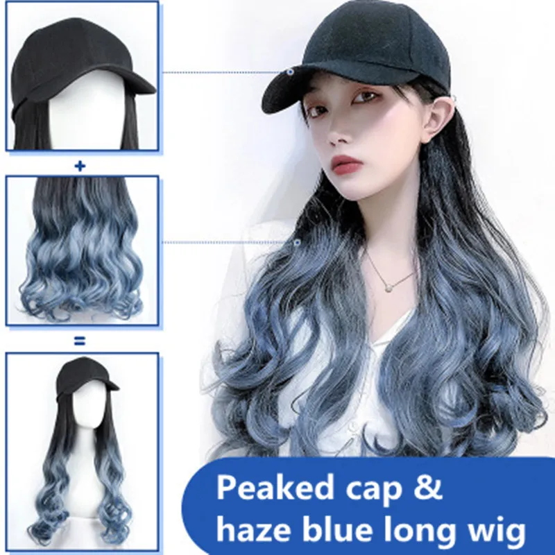 Women's Hat Wig One Peak Cap Haze Blue Large Wavy Long Hair Wig Synthetic Hair Dark Brown Black Curly Wig