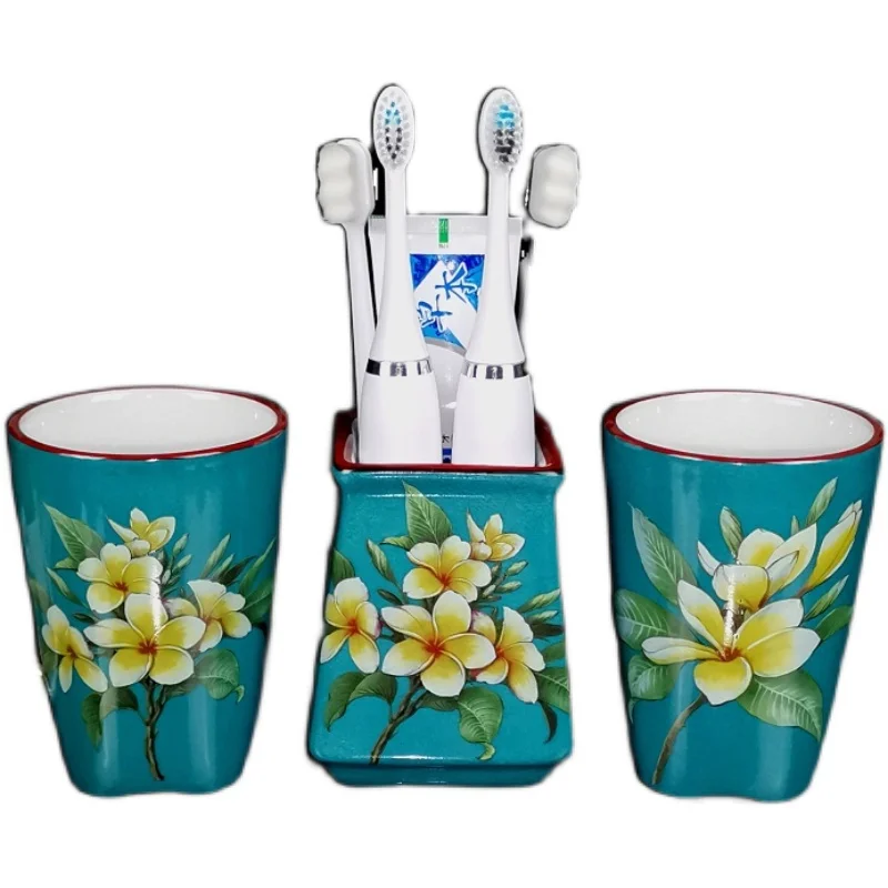 Ceramics Bathroom Set Liquid Toothbrush Holder/Rack Lover Gargle Cup  Creative 3 Piece Flowers & Bird Pastoral Style New Arrival