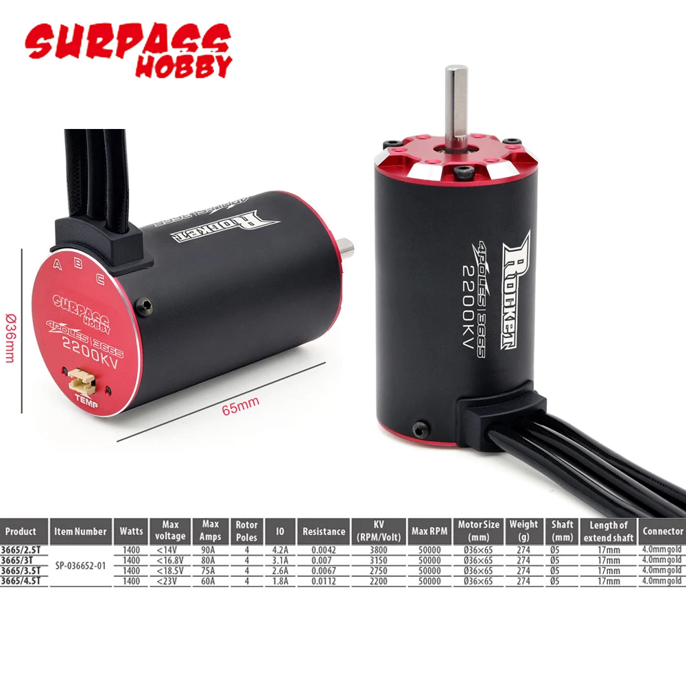 Surpass Hobby Rocket V2 3650 3660 3665 3670 3674 Waterproof Brushless Motor For 1/8 1/10 1/12 1/16 RC Car Racing Truck Traxxas