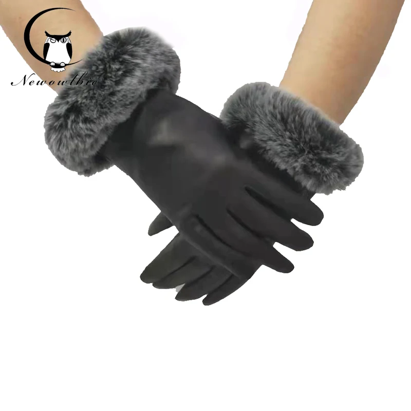 Real sheepskin lady gloves imitation Rex Rabbit Fur mouth decoration, coral velvet lining, touch screen riding windproof