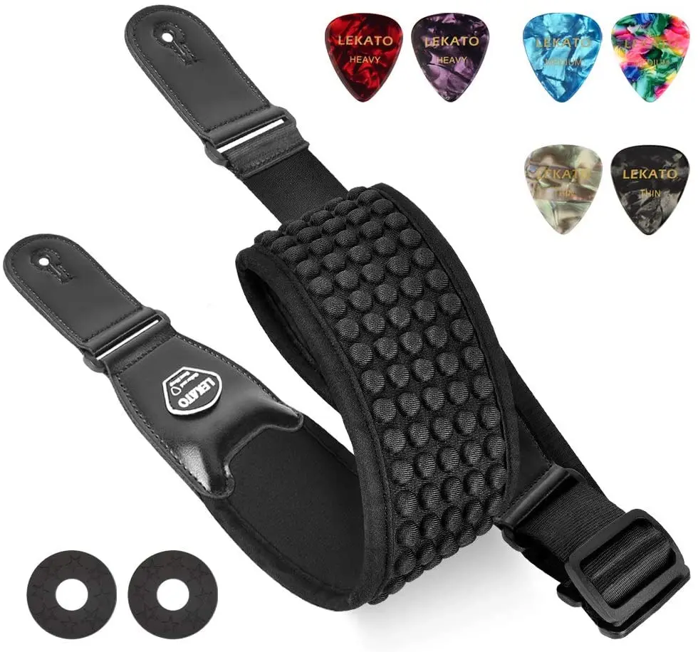 LEKATO Guitar Strap 3D Sponge Filling Bass Electric Guitar Strap 3.5 inch Wide Adjustable with 6 Picks with pick holder