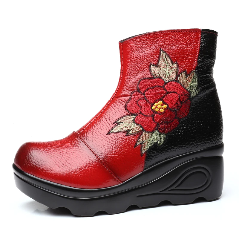 Glglgege 2019 New Women platform Boots Embroider Ethnic Winter Ankle Boot Round Toe Wedge Heel Shoes Warm Cowboy Botas Mujer