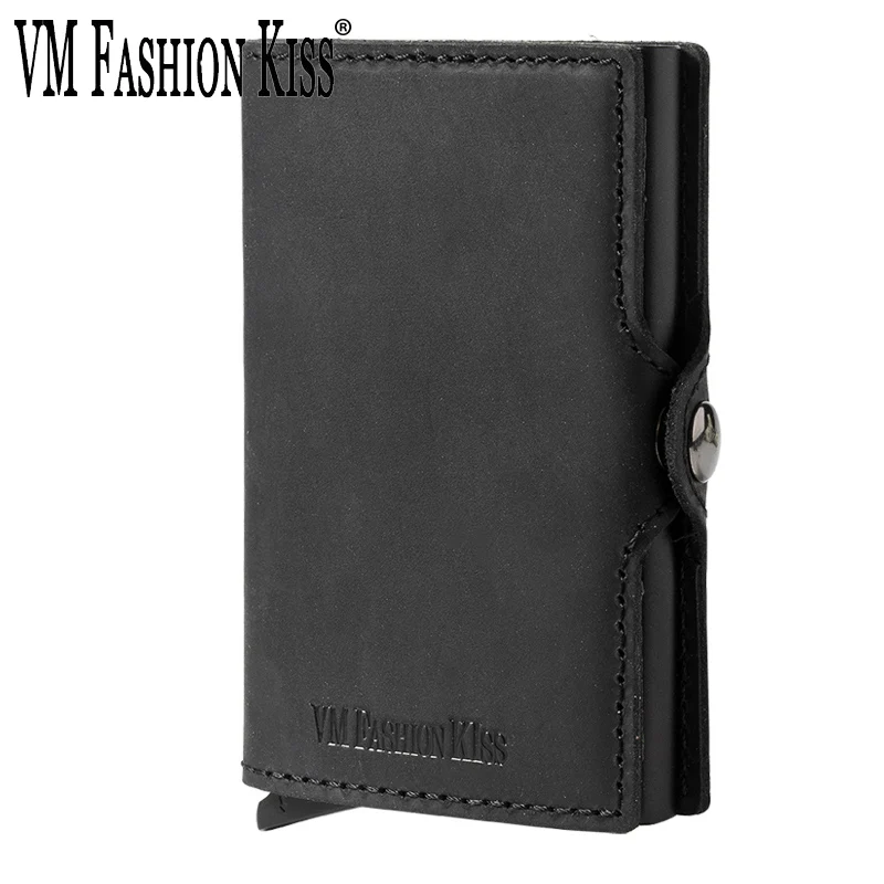 

VM FASHION KISS Crazy Horse Leather Card Folders RFID Minimalism Slim Wallets Smart Men's Wallet Famous Designer Metal Vallet