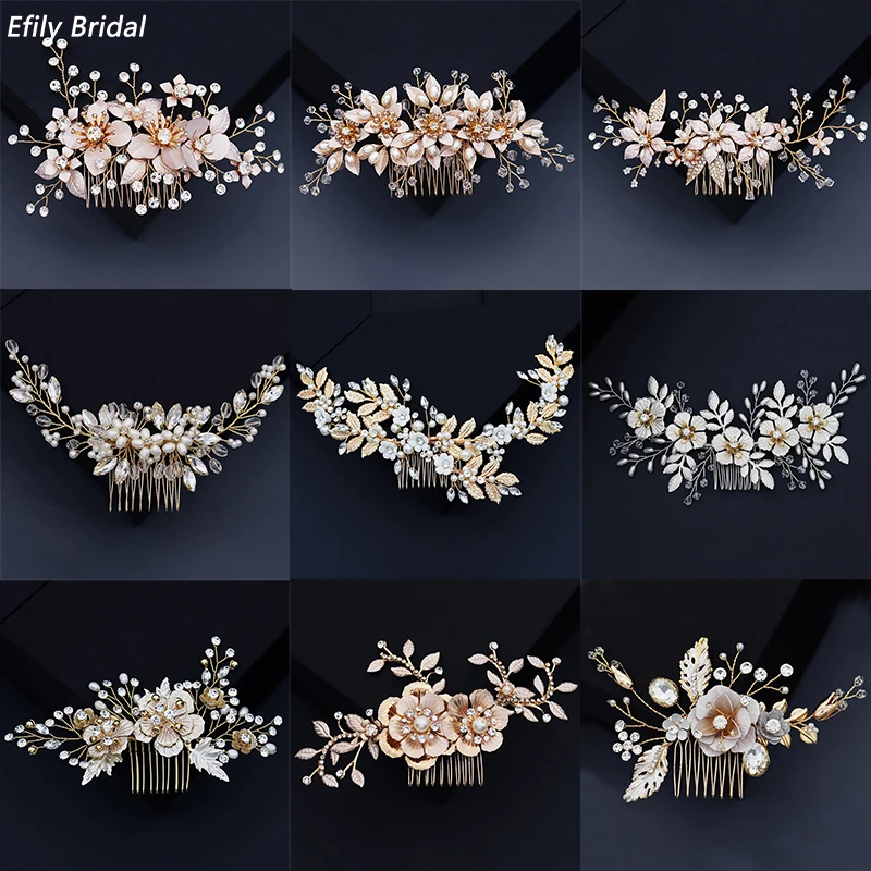 Efily Bridal Wedding Hair Accessories Crystal Flower Pearl Hair Combs for Women Bride Headpiece Party Jewelry Bridesmaid Gift