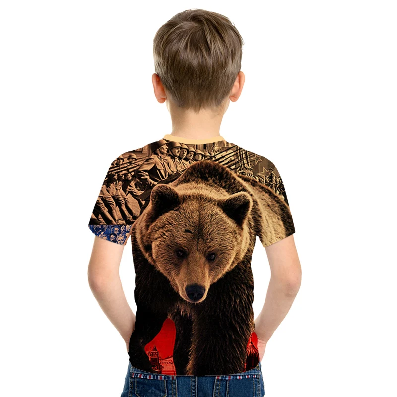 4-13 Year Boys Girls Brand Russia 3D T-shirt Kids Russian Flag Animal Wolf Bear Tiger Printed T shirt Children Fashion Tshirts