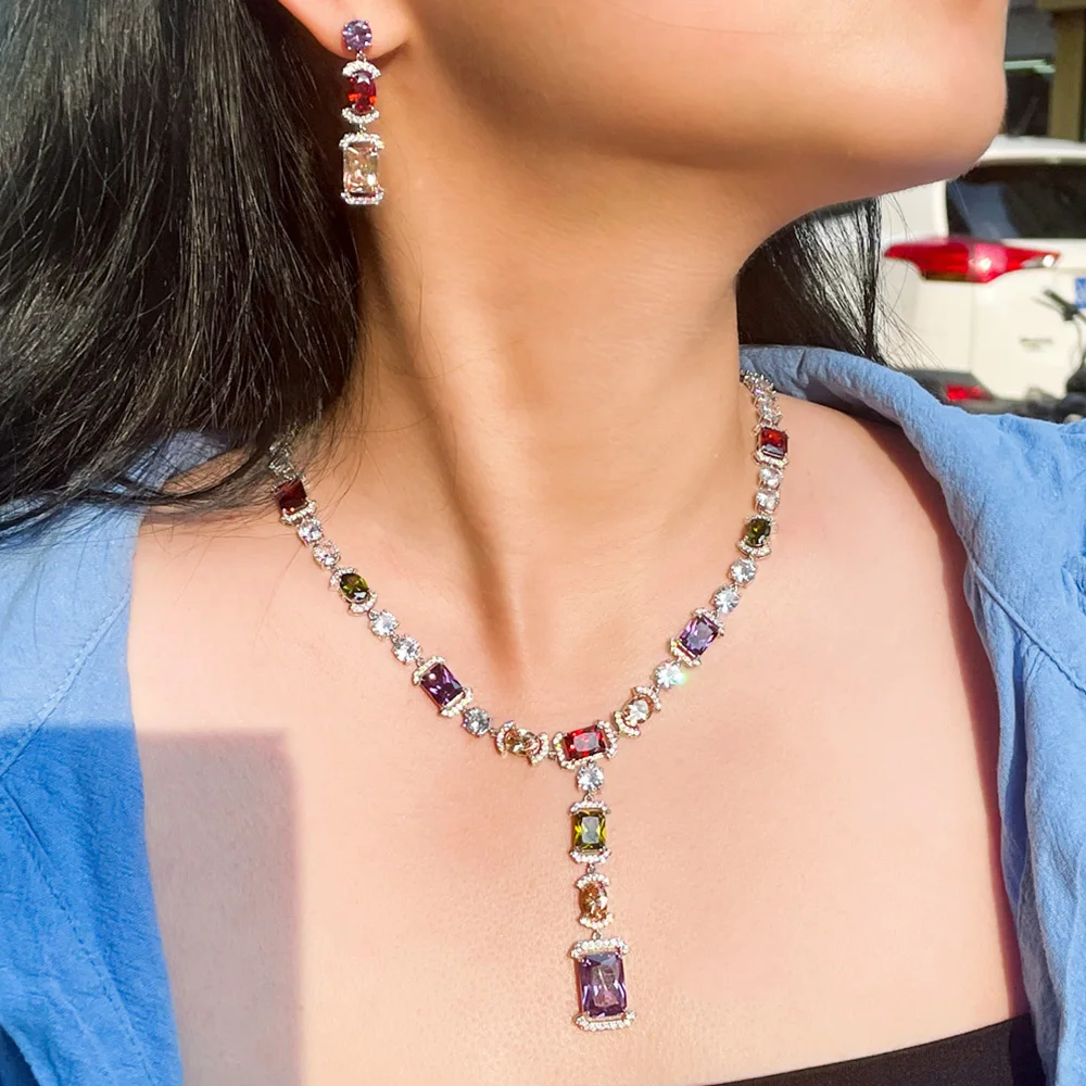 ThreeGraces Elegant Multicolor Cubic Zirconia Long Geometric Necklace and Earring Wedding Party Jewelry Set for Brides T0635
