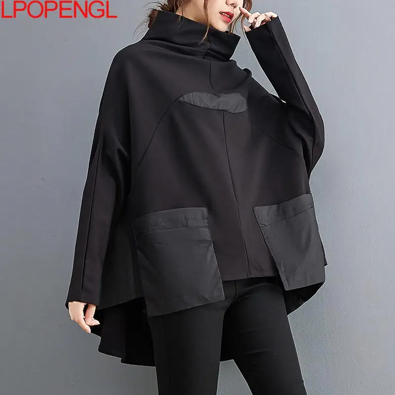 Harajuku Patchwork Pocket T Shirt Women Stand Collar Casual Black Streetwear Female Stitch Korean New Summer Irregular Top 2022