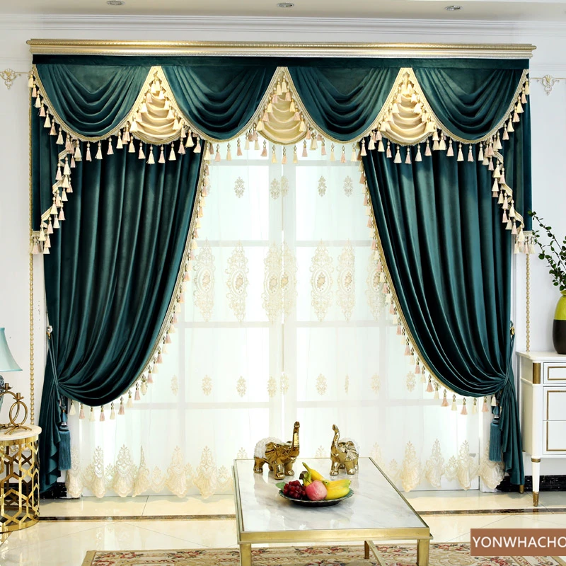 Custom curtains New high-end luxury matte flannel villa blue velvet cloth blackout curtain tulle valance drape B739