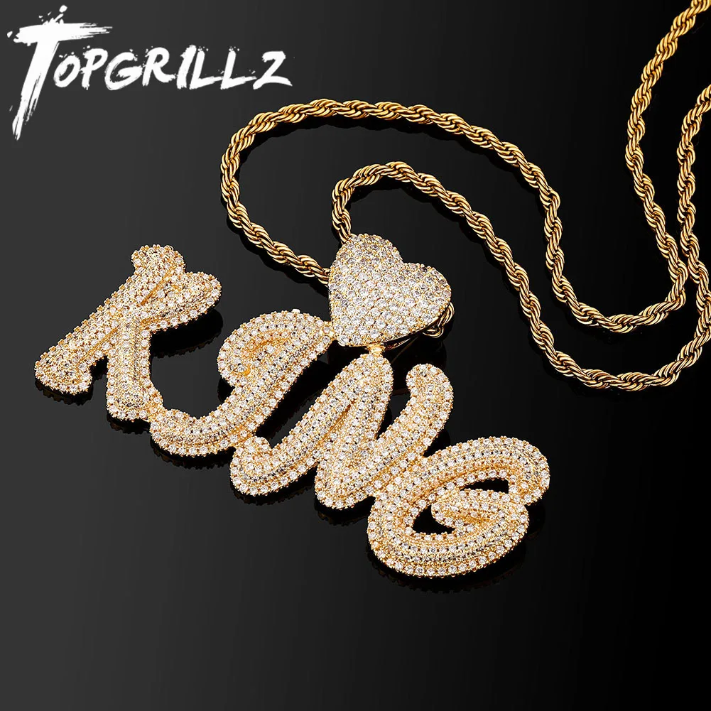 

TOPGRILLZ Custom Name Pendant Necklace Iced Out Cubic Zirconia Letters Pendant With Heart Hook Hip Hop Fashion Jewelry For Women