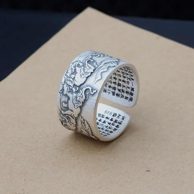 

Thai Baby Elephant Sterling Silver Ring 999 Sterling Silver Buddhist Heart Sutra Opening Ring