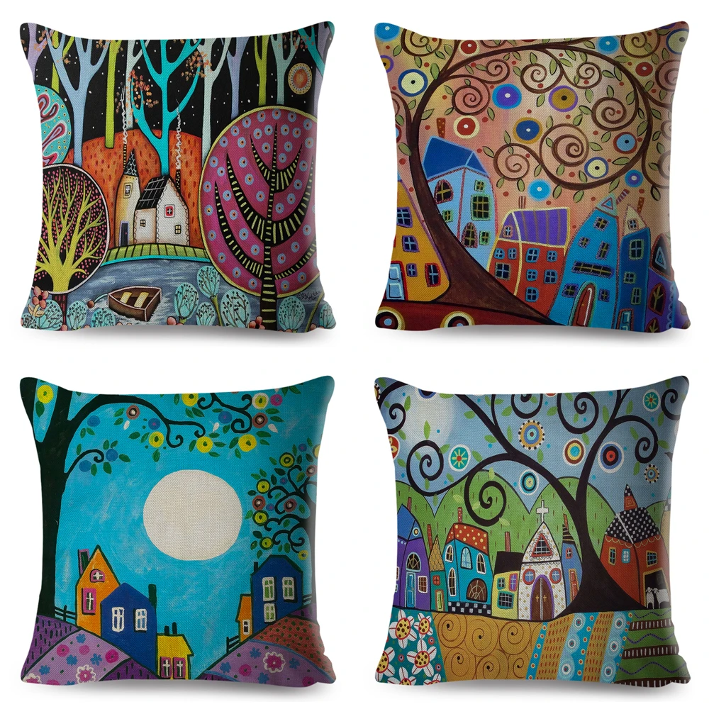 Retro Rural Color Cities Cushion Cover Decor Colorful Cartoon House Tree Pillow Case Polyester Pillowcase for Sofa Home Car