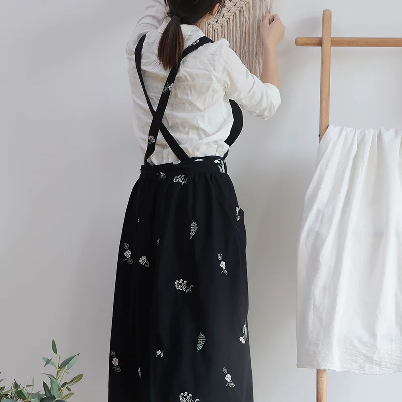 Embroidered Floral Cotton Apron Florist Artist Gardener Manicure Workwear Waitress Cafe Barista Baker Pastry Chef Uniform K84