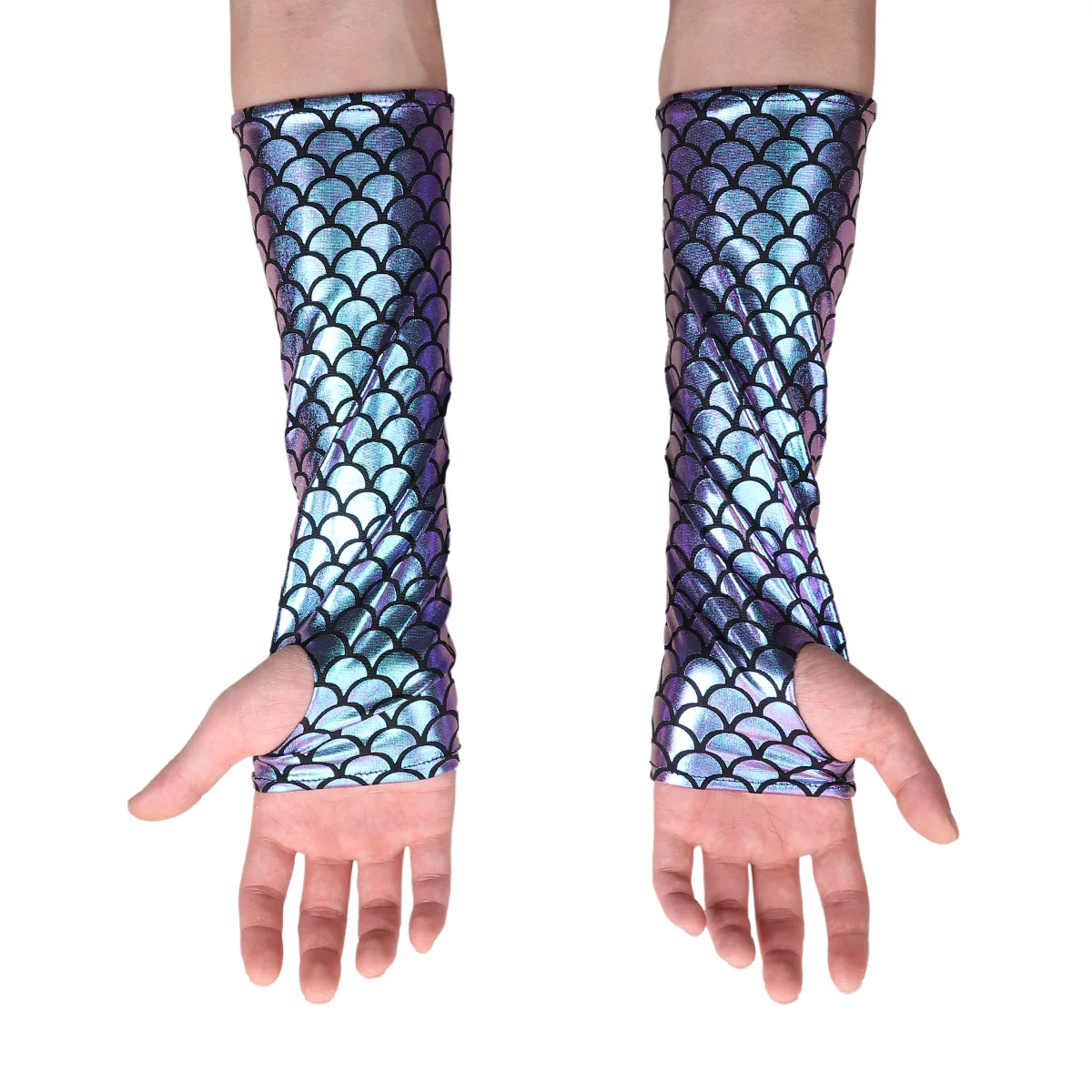 Women Mermaid Fish Scale Pattern Printed Fingerless Long Gloves Arm Sleeves Adult Halloween Clubwear Cosplay Costume Accessories