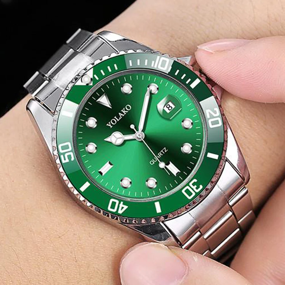 New 2020 YOLAKO Watch Luxury Fashion Green Men Watches Military Sport Watches Men Stainless Steel Date Quartz Wristwatch Clock