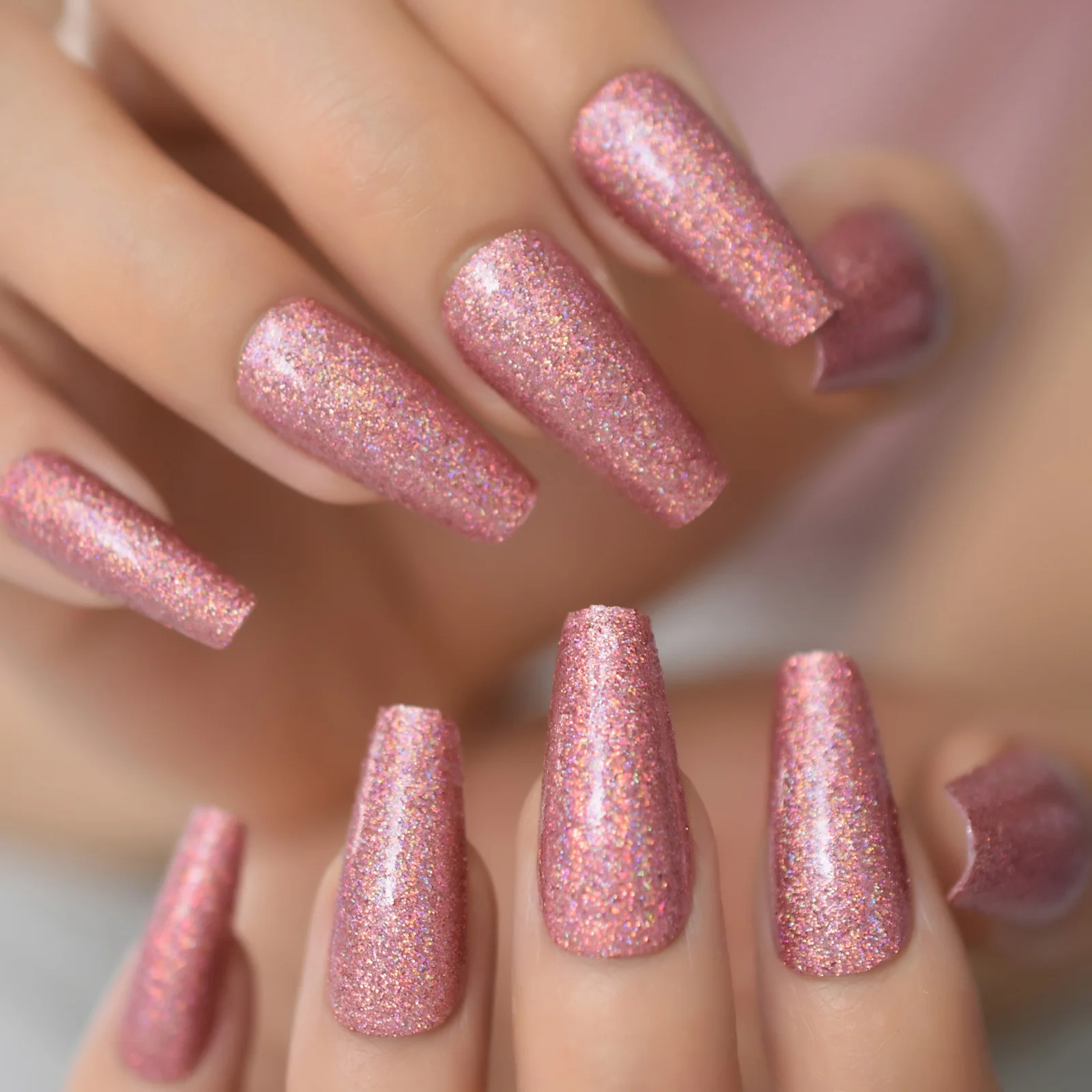 Holo Rose Roze Roos Glitter Ballerina Doodskist Valse Nail Fairy Laser Sequin Druk Op Ballet Nep Nagels Tip Herbruikbare Dragen voor Meisje