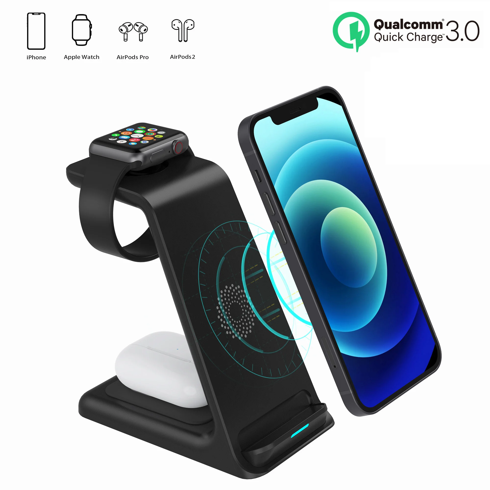 

3 in 1 Wireless Charger Stand For iPhone 11/12 Pro Max Qi 15W Fast Charging Induction Chargers For Apple Watch AirPods Samsung