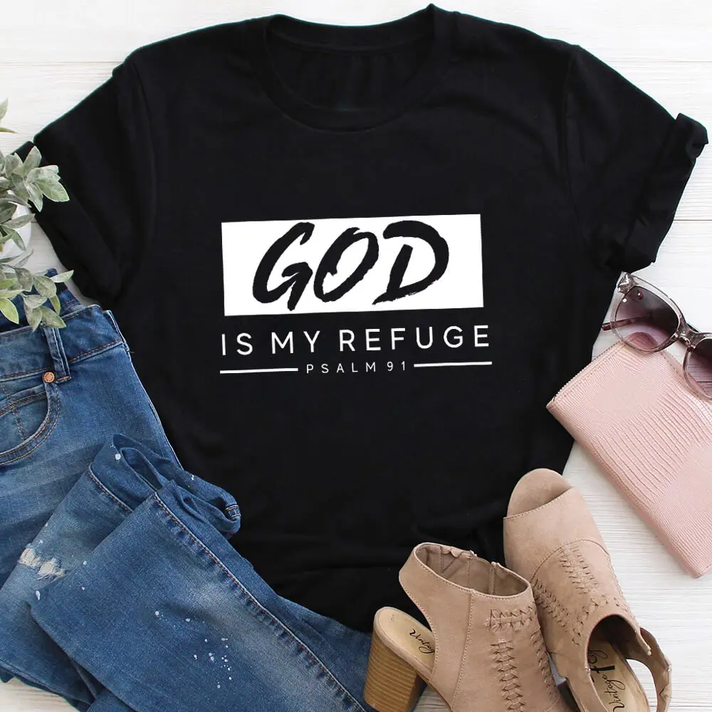 

God is My Refuge 100%Cotton Print Women Tshirt Christian Shirt Unisex Summer Casual Short Sleeve Top Religious Tee Jesus Shirts