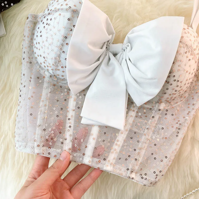 

2023 New Camisole Women's Fashion Sequins Embroidered Bowknot Short Top Crop Bustier Push up Bra Female Summer Stage Costumes