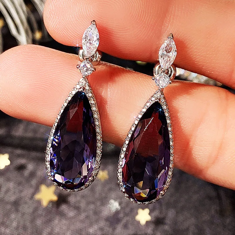 Huitan Unique Purple Cubic Zirconia Earrings for Women Simple and Elegant Female Earrings Engagement Wedding Jewelry Drop Ship