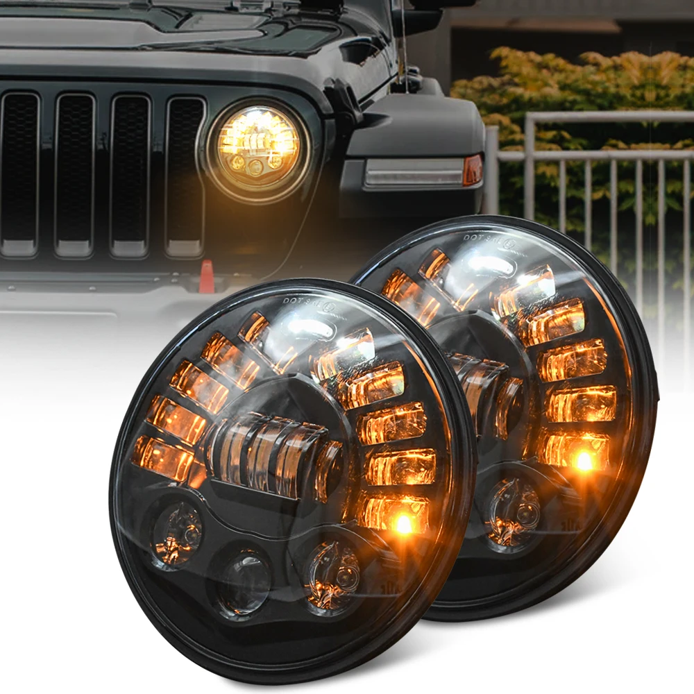 7Inch Motorcycle LED Headlight DRL Running Amber White Turn Signal Lamp For Jeep Wrangler 4x4 Lada Niva Off Road Hunter Hummer