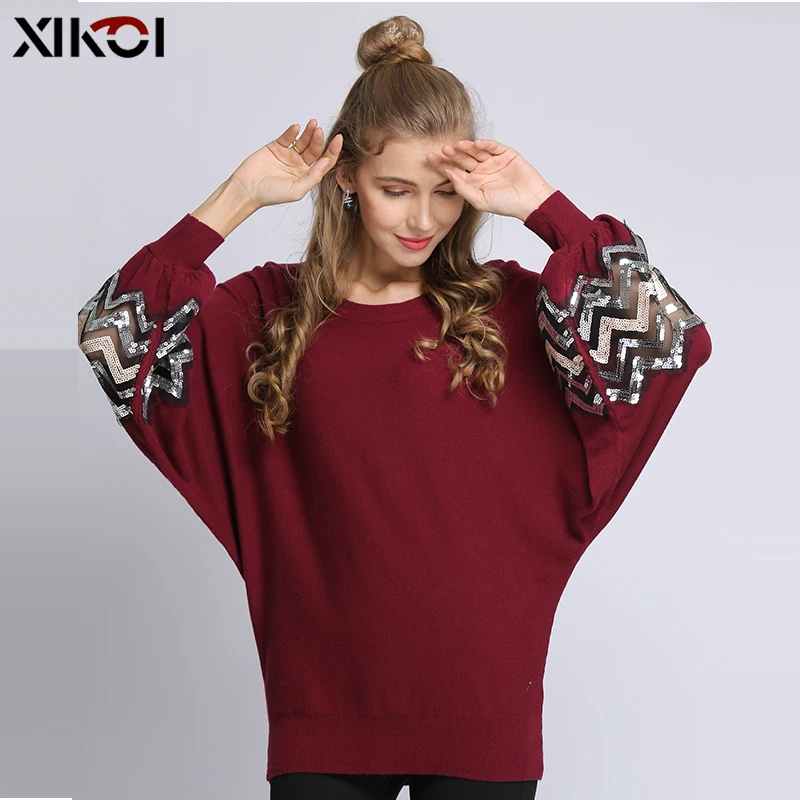 XIKOI Sweater Women Autumn Winter New Solid Color Base Sweater Long Sleeve O Neck Fashion Loose Puff Sleeve Sweater Female Tops