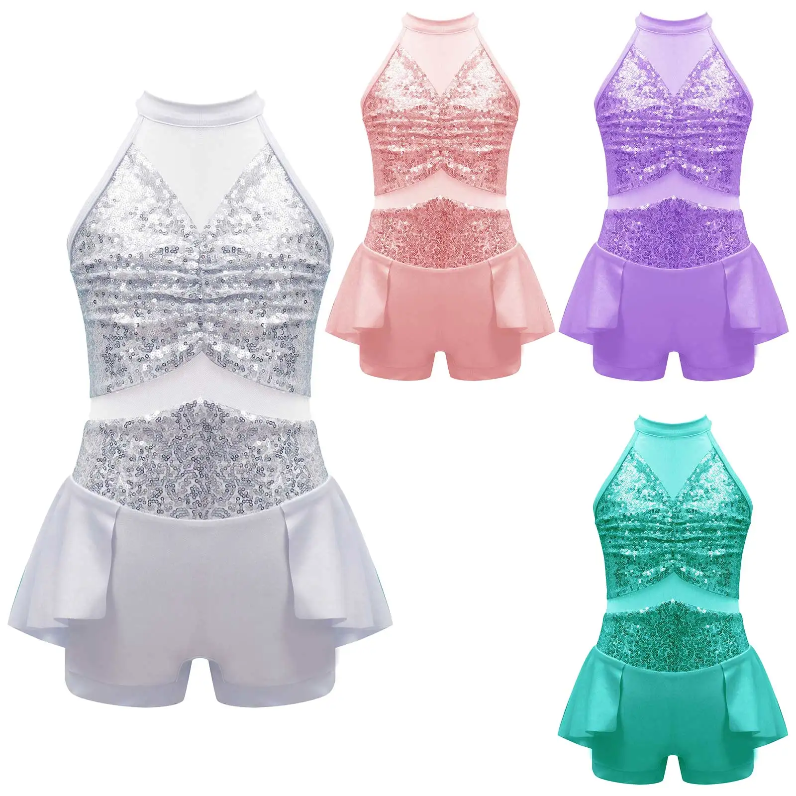 เด็กสาว Sequins One-Piece Leotard Halter แขนกุด Backless ยิมนาสติกออกกำลังกาย Bodysuit สำหรับ Stage Performance Dance Class