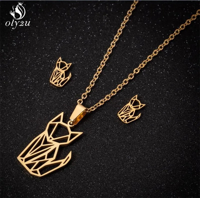 Cartoon Stainless Steel Origami Fox Pendant Necklace for Women Men Fashion Jewelry Simple Cat Charms Necklace Girls Collares