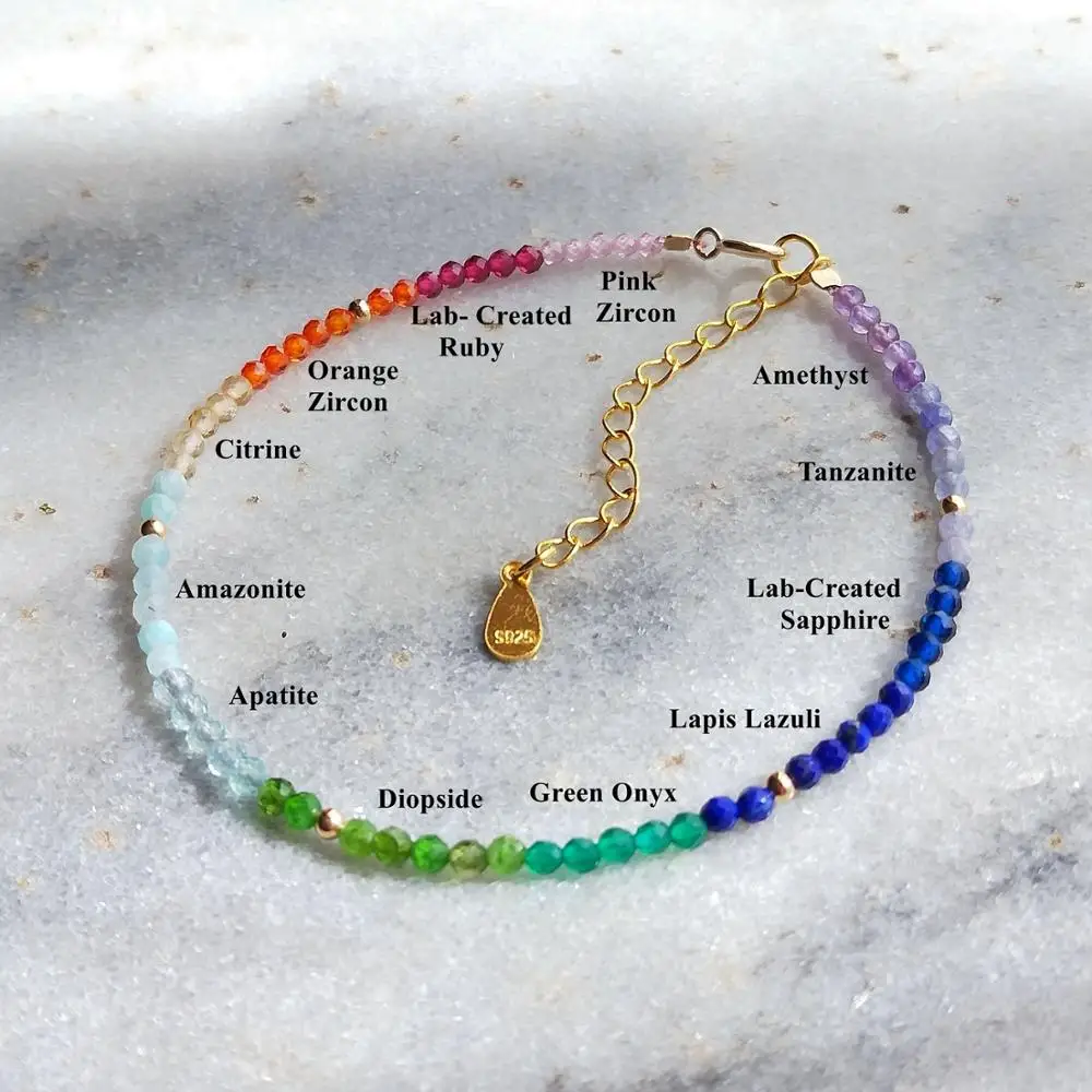 LiiJi Real Stone Small Rainbow Healing Stone 925 Sterling Silver Gold Color Adjustable Bracelet For Women Girls Jewelry