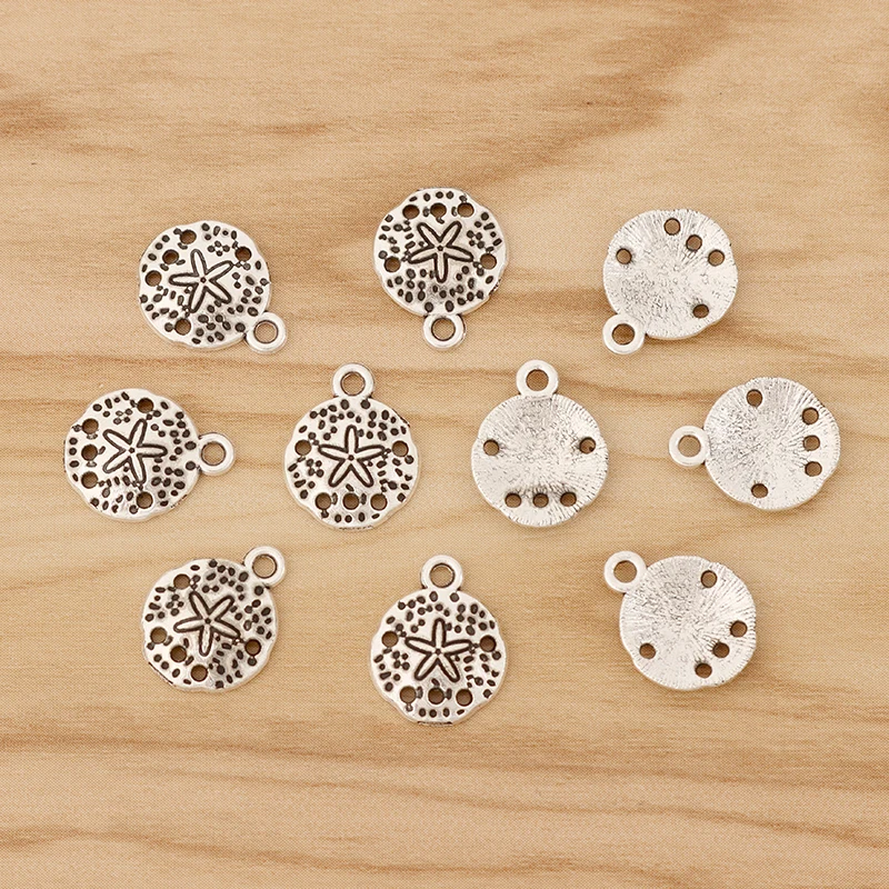 50 Pieces Tibetan Silver Sand Dollar & Starfish Charms Pendants Beads for DIY Jewellery Making Accessories