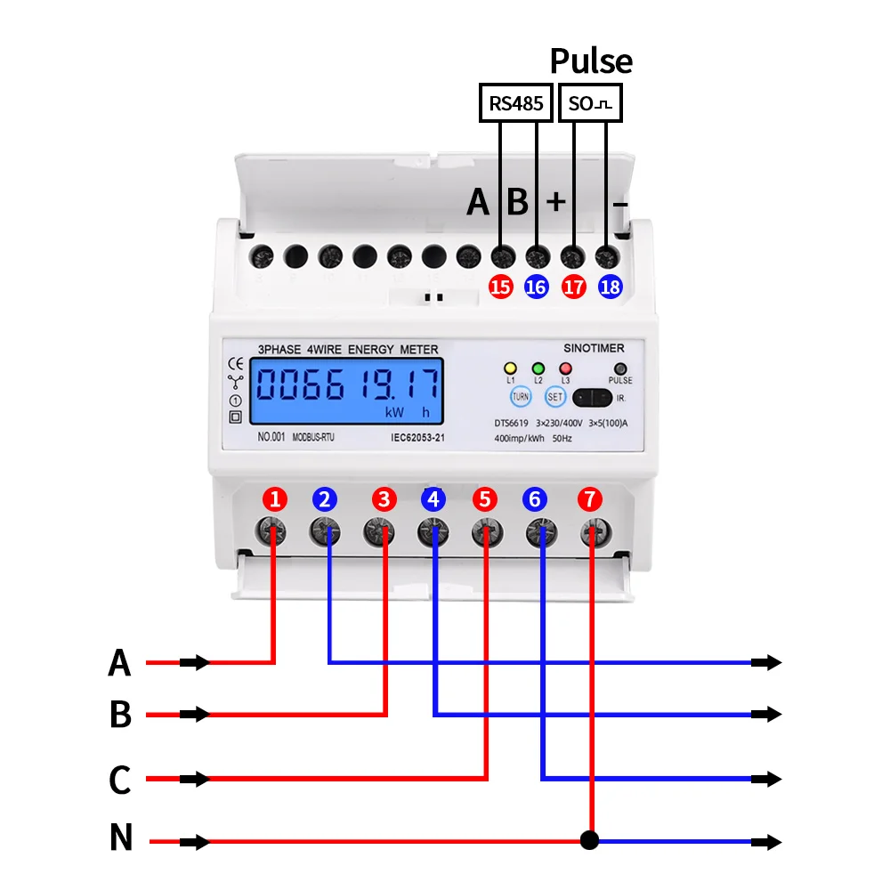 3 Phase 4 Wire RS485 Modbus 380V 100A  DIN Rail Energy Meter Digital Backlight Power Factor Monitor with Voltage Current Display