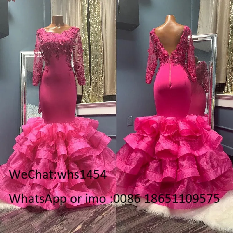 Mbcullyd Vintage Long Sleeves Evening Dresses For Wedding  Fuchsia Lace Mermaid African Prom Party Gowns 2023 robe de soiree