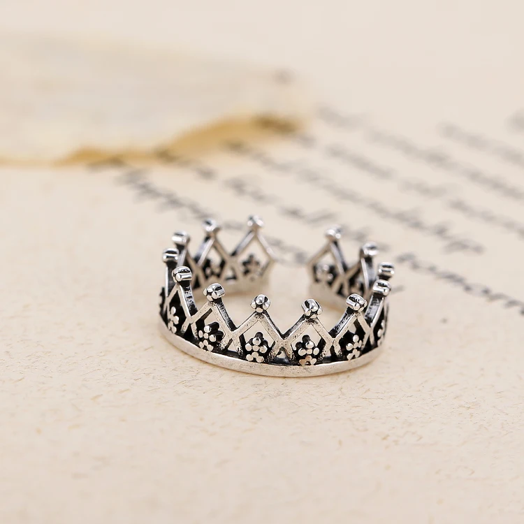 

Retro Style 925 Sterling Silver Crown Open Rings For Women Vintage Jewelry Accessories