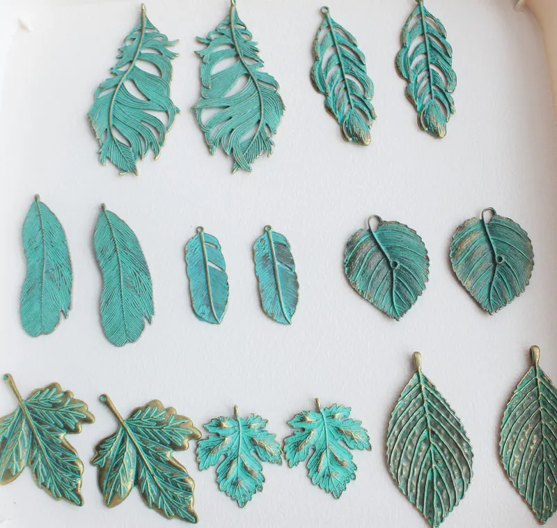 Green Bronzel Alloy Leaf and Feather shape Pendants  1piece , For DIY Jewelry making !