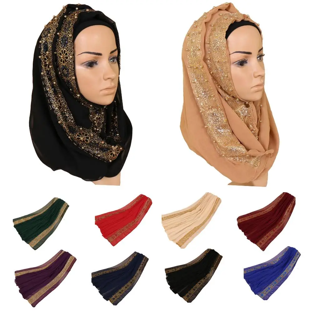 

Malaysia Muslim Women Hijab Bubble Chiffon Beads Long Scarf Islam Shawls Foulard Bandana Turban Scarves Stoles Headwrap Headband