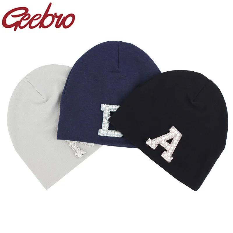 Geebro New Cute Baby Cotton Pearl Letter Hat Beanies For Infant Girls Boys Kids Winter Soft Solid Newborn Solid Beanie Skull Cap