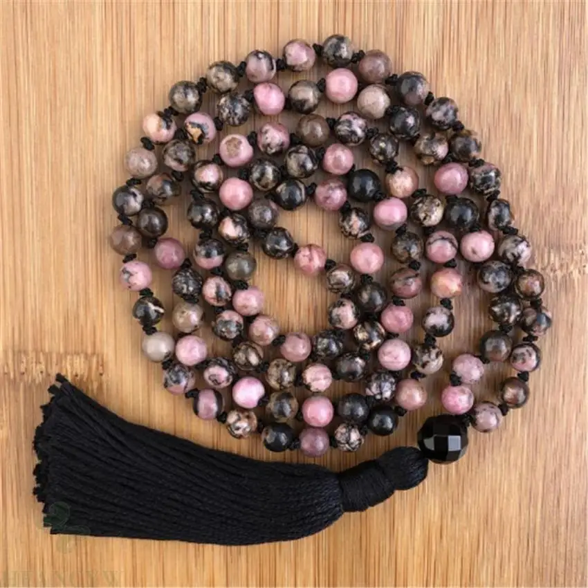 

8mm Rhodochrosite 108 Beads Gemstone Tassels Mala Necklace pray Stress yoga Wrist Buddhism Meditation energy spirituality Prayer