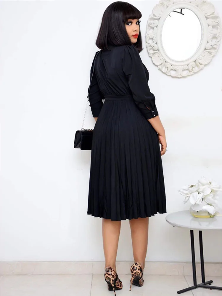 Best Selling African Dresses For Women 2020 High Waist Sexy Long Sleeve Pure Black Pullovers Pleated Dress Africain Femme