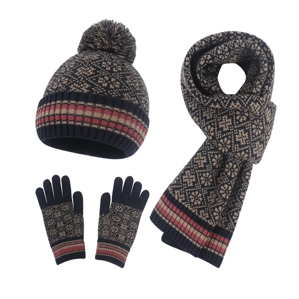 2021 Unisex Winter 3Pcs Pompom Beanie Hat Long Scarf Shawls Gloves Set Geometric Pattern Floral Jacquard Cap 3 Color