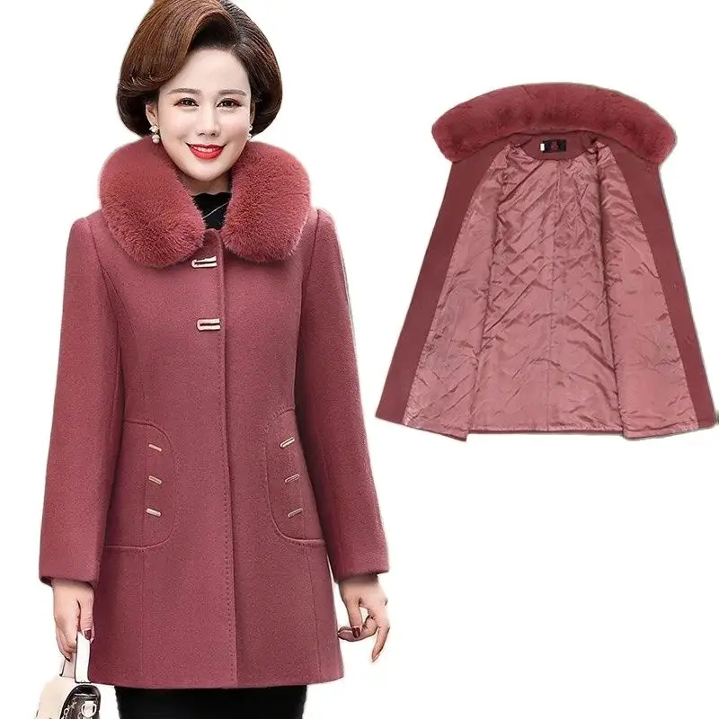 Winter Woolen Coat Mid-Length Thickened With Cotton Western-Style Middle-Aged Elderly Women Autumn Winter Woolen Jacket M327